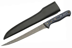 SZCO Supplies 12.5” Blue Wood Damascus Steel Filleting Knife With Sheath