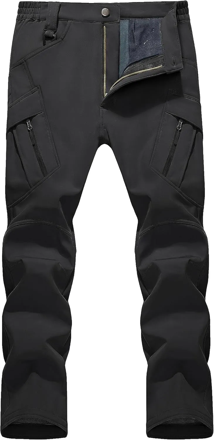 TACVASEN Men's Winter Pants 9 Pockets Fleece Snow Hiking Pants Water-Resistant Warm Softshell Thick Tactical Pants