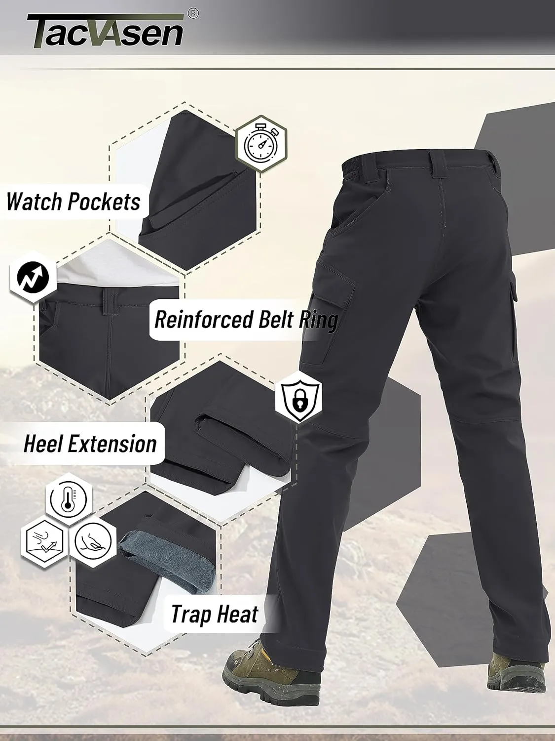 TACVASEN Men's Winter Pants 9 Pockets Fleece Snow Hiking Pants Water-Resistant Warm Softshell Thick Tactical Pants