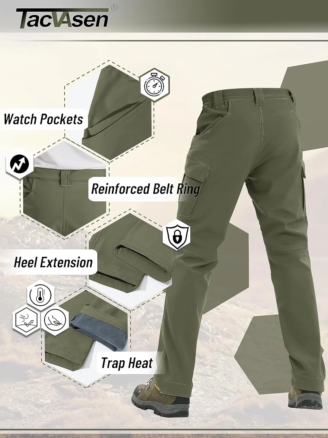 TACVASEN Men's Winter Pants 9 Pockets Fleece Snow Hiking Pants Water-Resistant Warm Softshell Thick Tactical Pants