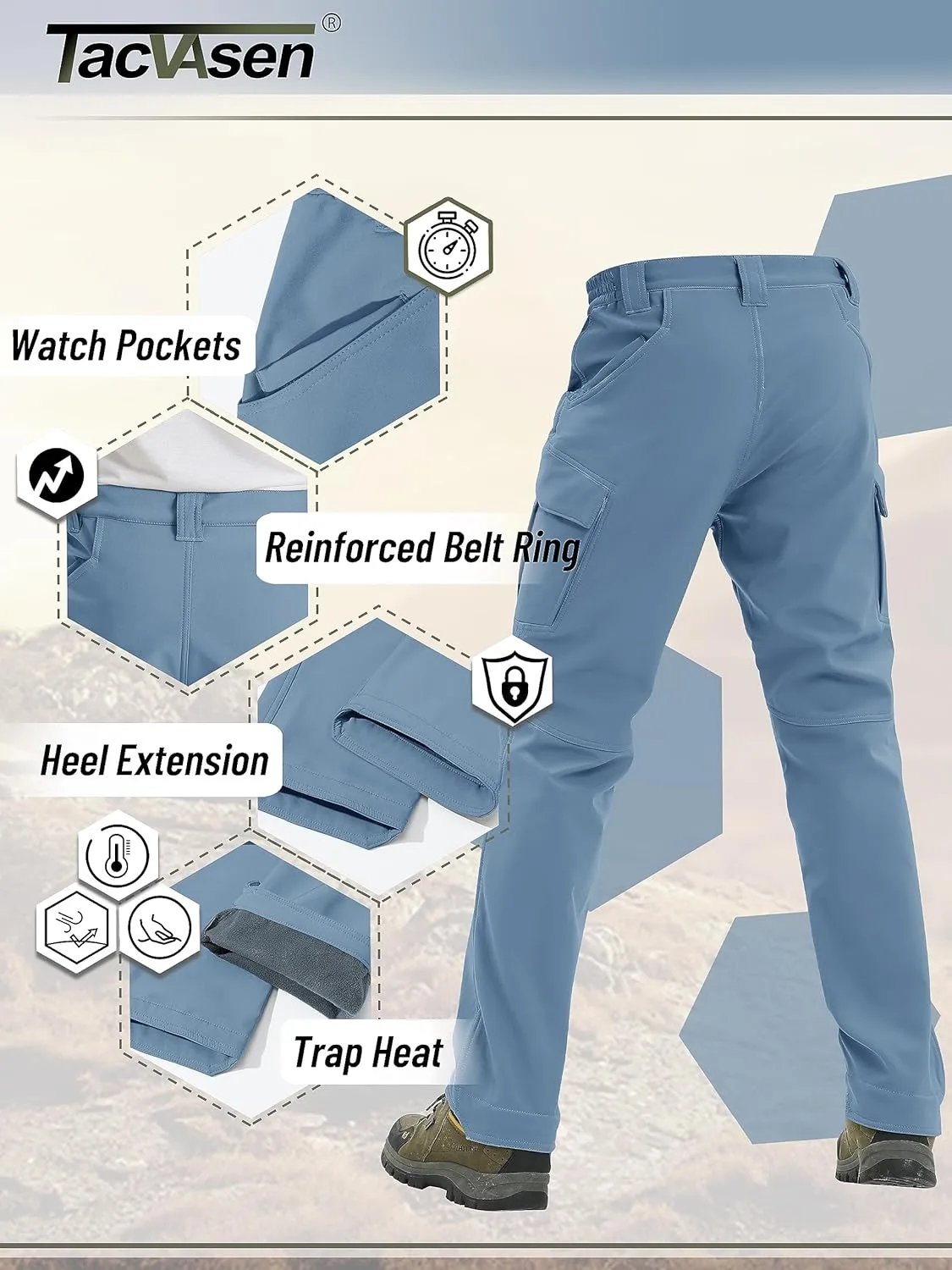 TACVASEN Men's Winter Pants 9 Pockets Fleece Snow Hiking Pants Water-Resistant Warm Softshell Thick Tactical Pants