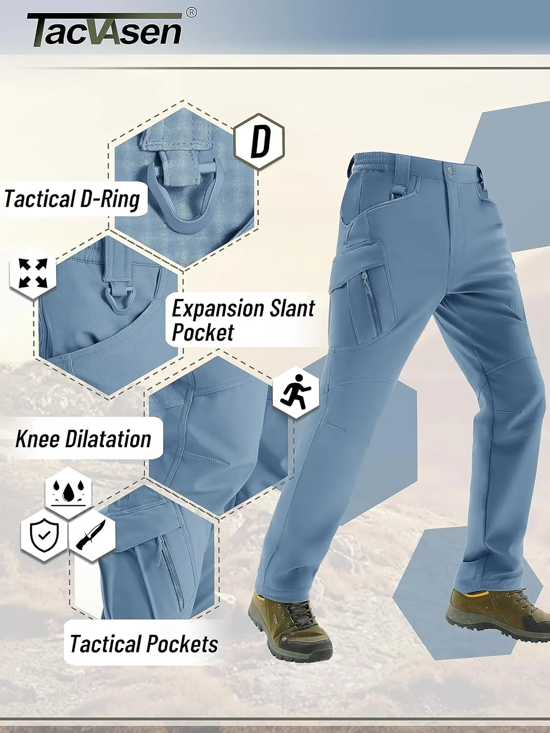 TACVASEN Men's Winter Pants 9 Pockets Fleece Snow Hiking Pants Water-Resistant Warm Softshell Thick Tactical Pants
