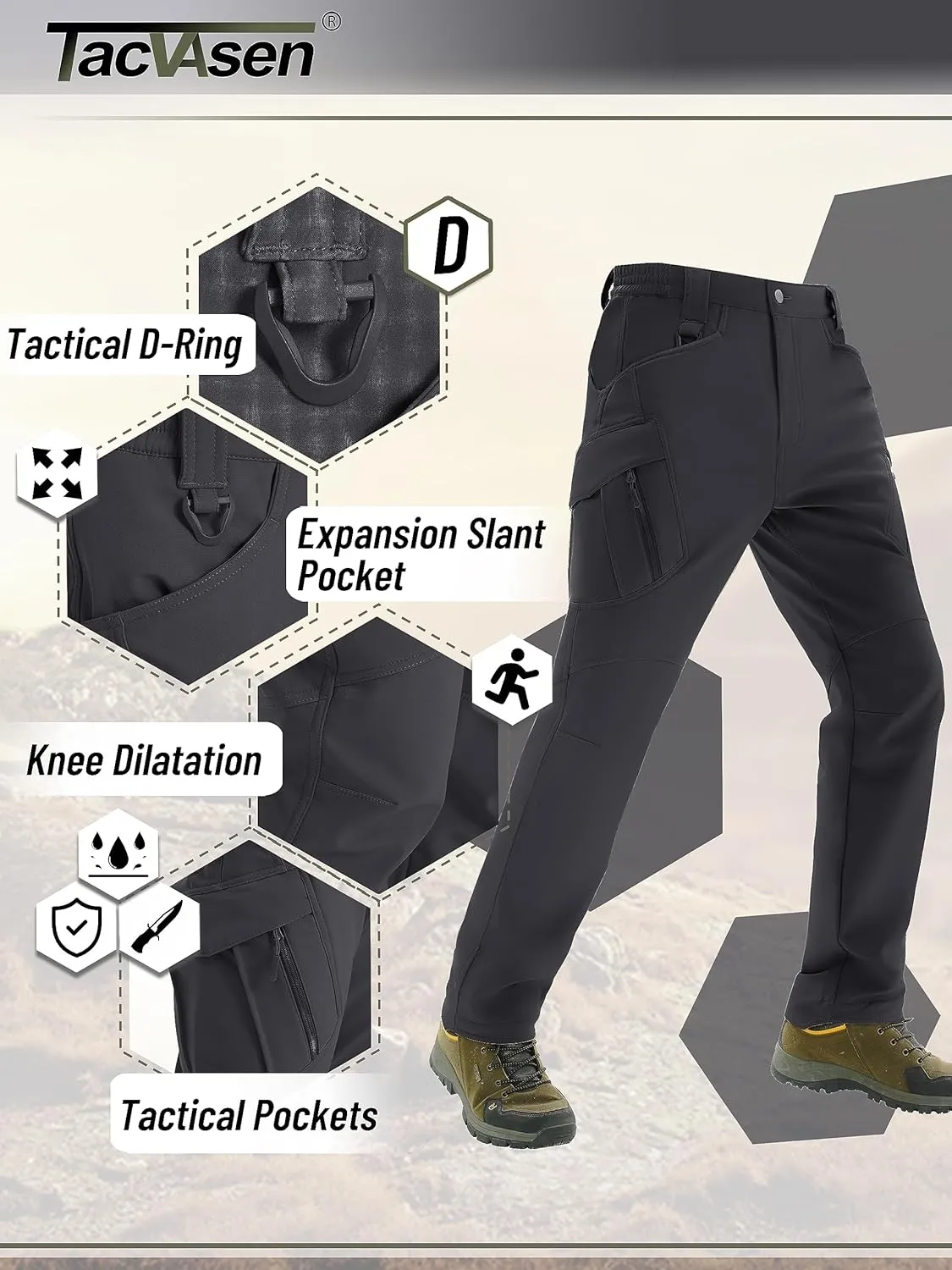 TACVASEN Men's Winter Pants 9 Pockets Fleece Snow Hiking Pants Water-Resistant Warm Softshell Thick Tactical Pants