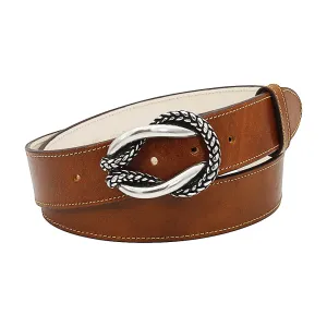 Tan Italian Vintage Calf Belt with Detachable Aged Silver Rope Knot Buckle.