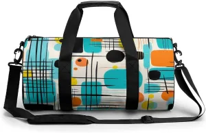 Teal Mid Vintage Grid And Starbursts Orange Century Modern Novelty Large Duffel Bag Lightweight Gym Bag Travel Tote Bags