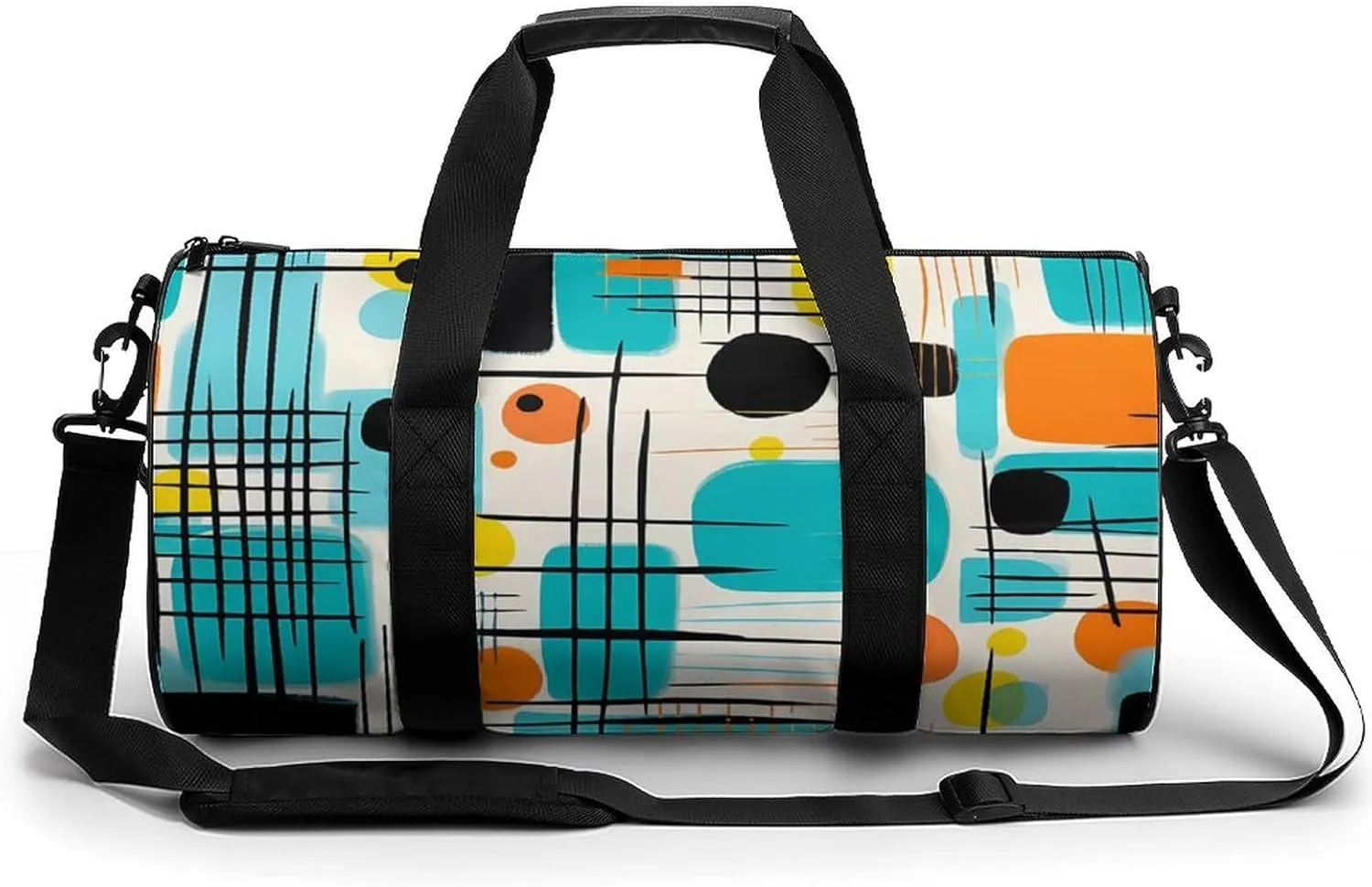 Teal Mid Vintage Grid And Starbursts Orange Century Modern Novelty Large Duffel Bag Lightweight Gym Bag Travel Tote Bags