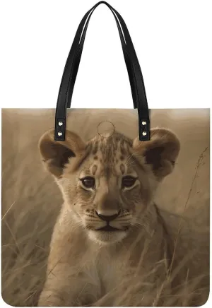 The Waiting Lion Cub Large Leather Handbags Women Fashion Handbag Multifunctional Travel Bag It Is A Great Gift for Mothers, Teachers, Friends, Bridesmaids