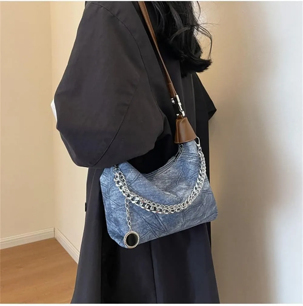 Thick Chain Hobo Tote Bag for Women Leather Vintage Slouchy Shoulder Hobo Crescent Bag Designer Y2K Hobo Handbag