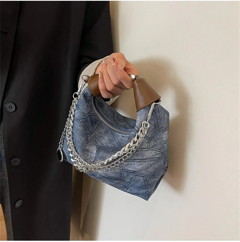 Thick Chain Hobo Tote Bag for Women Leather Vintage Slouchy Shoulder Hobo Crescent Bag Designer Y2K Hobo Handbag