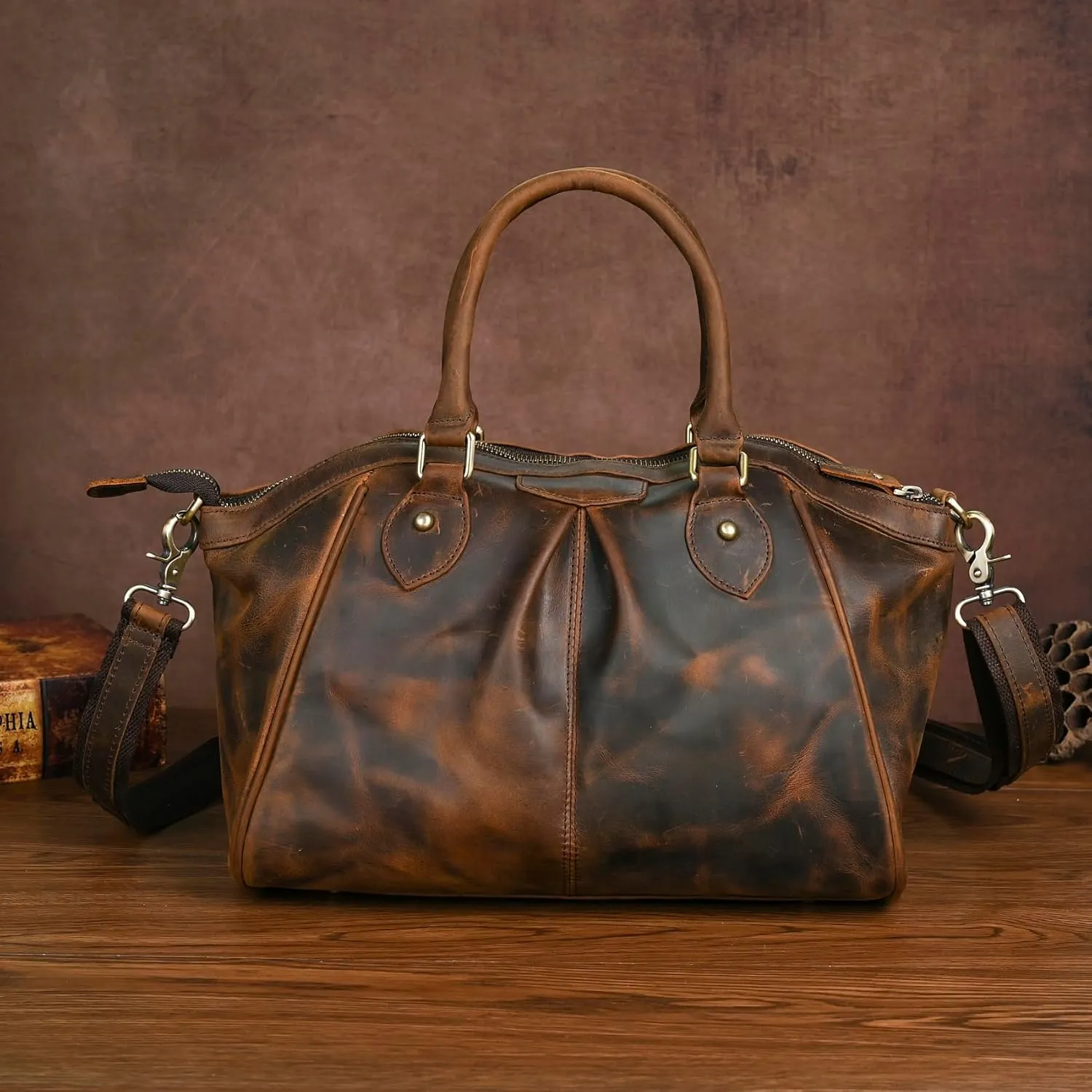 Thick Genuine Crazy Horse Leather Satchel Crossbody Handbag Top-Handle Shoulder Bag For Women 6640
