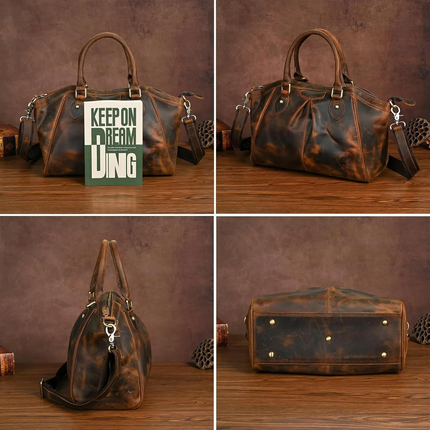 Thick Genuine Crazy Horse Leather Satchel Crossbody Handbag Top-Handle Shoulder Bag For Women 6640