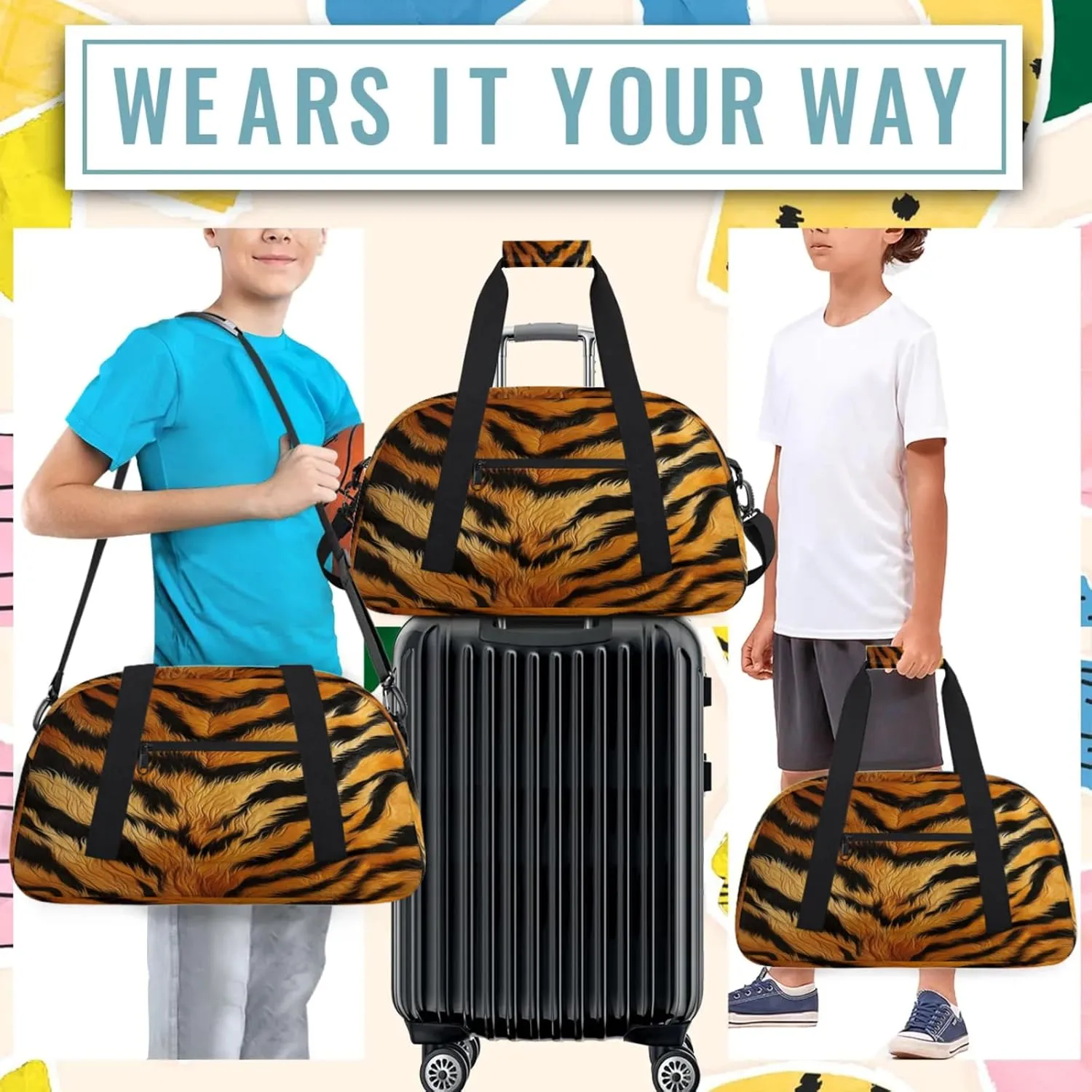 Tiger Print Small Gym Bag 18 inch Carry On Duffel Bag for Weekender Travel Sports Workout Yoga Gymnastics Dance Ballet