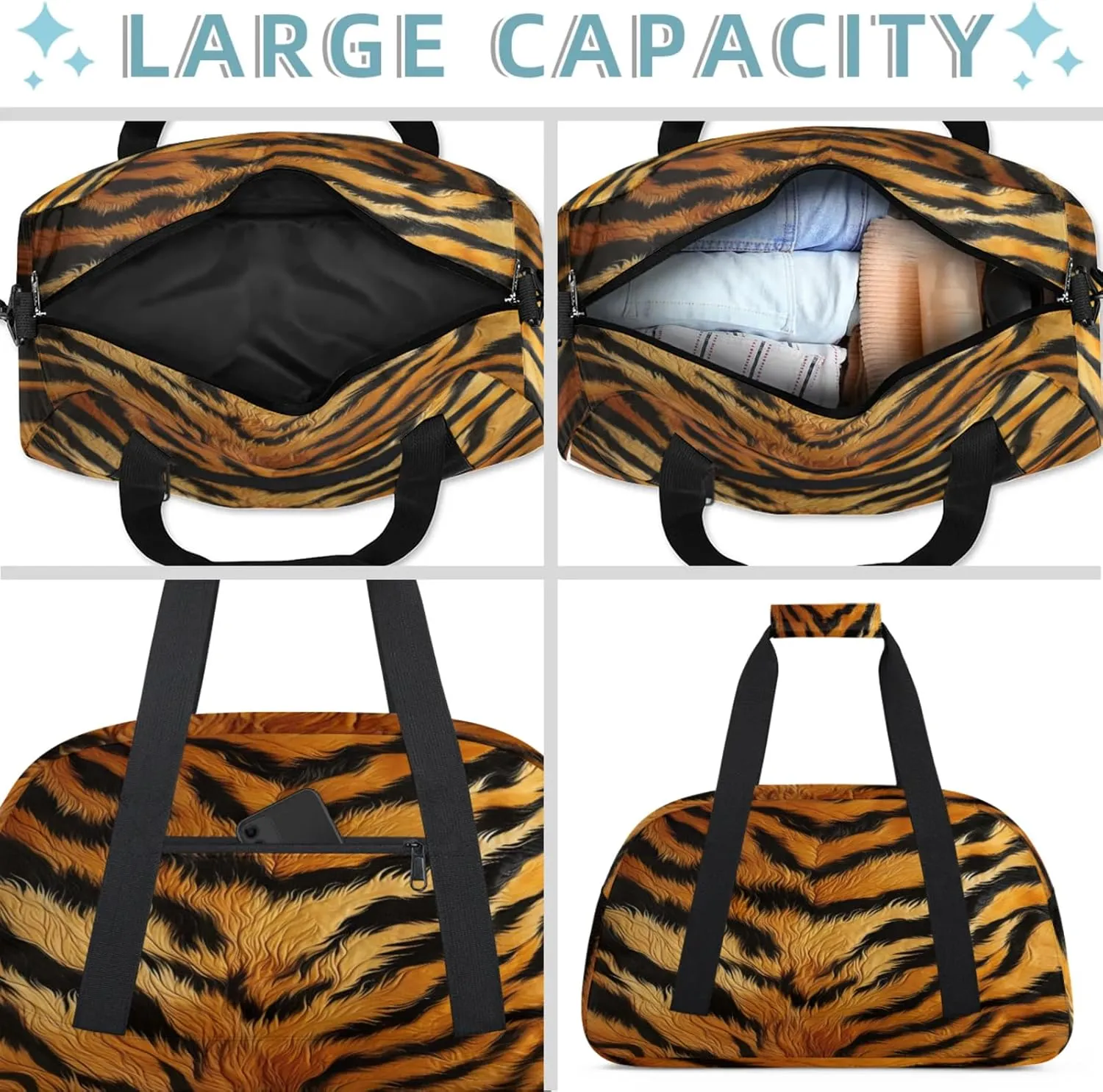 Tiger Print Small Gym Bag 18 inch Carry On Duffel Bag for Weekender Travel Sports Workout Yoga Gymnastics Dance Ballet