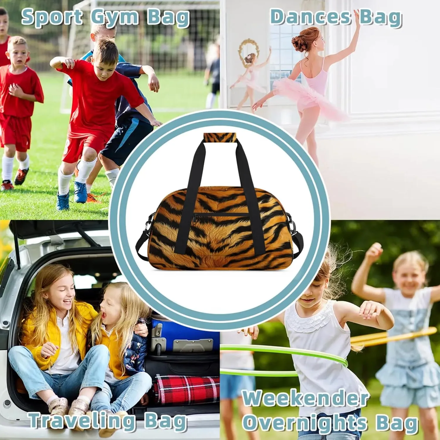 Tiger Print Small Gym Bag 18 inch Carry On Duffel Bag for Weekender Travel Sports Workout Yoga Gymnastics Dance Ballet