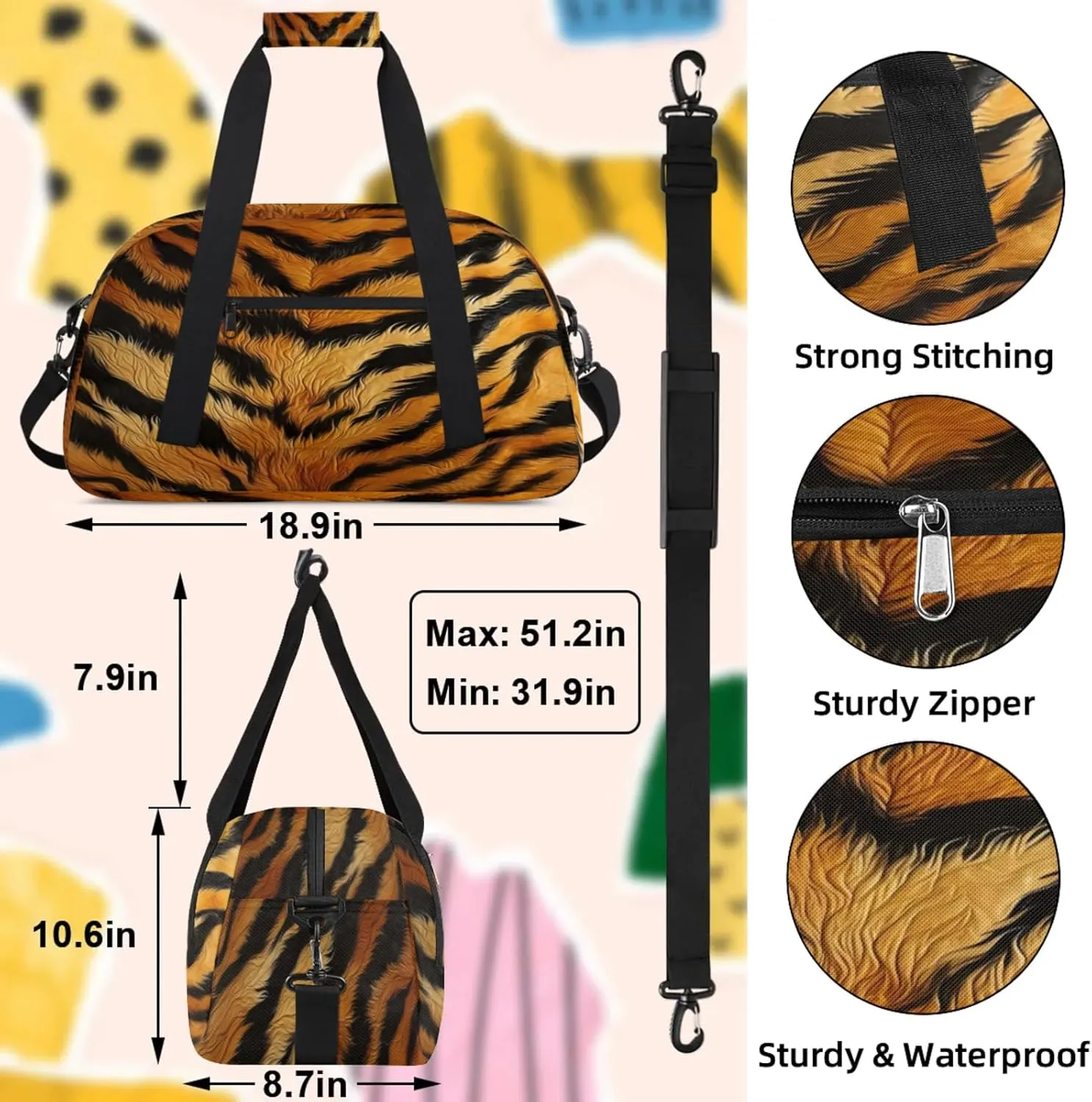 Tiger Print Small Gym Bag 18 inch Carry On Duffel Bag for Weekender Travel Sports Workout Yoga Gymnastics Dance Ballet
