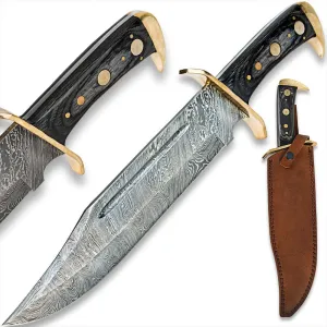Timber Rattler Western Outlaw Damascus Bowie Knife | 11 3/8" Damascus Steel Blade | Razor Sharp and Durable | Brass-Plated Guard | Gray Hardwood Handle | Full Tang Construction | Genuine Leather Belt Sheath