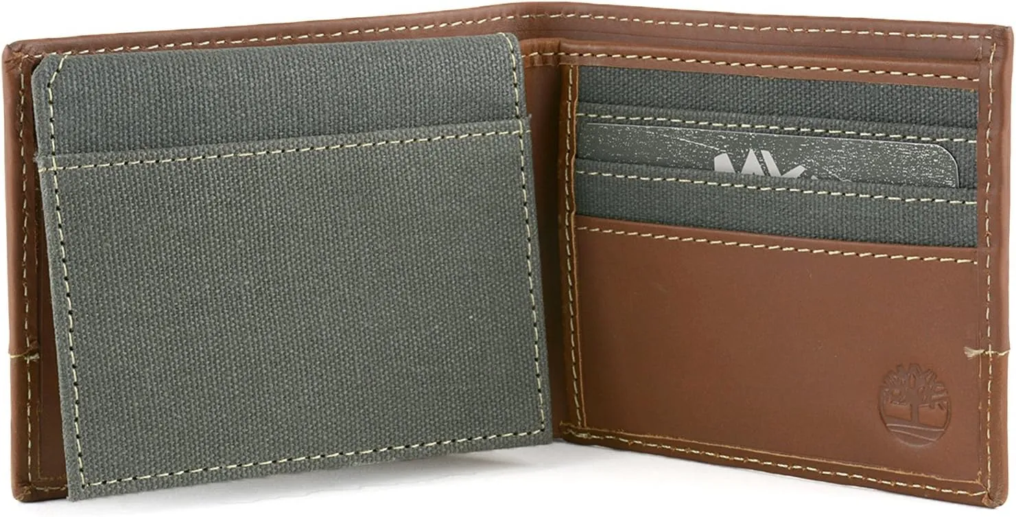 Timberland Men's Baseline Leather Canvas Wallet with Attached Flip Pocket