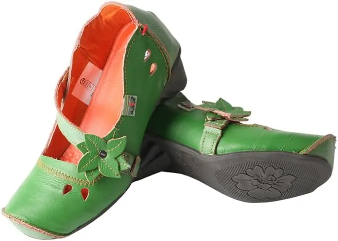 TMA EYES Women's Leather Soft Sole Comfort Low Heel Casual Shoes with Fish Mouth Design