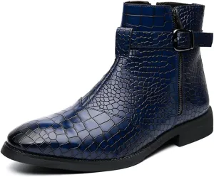 Tokouk Men's Vintage Leather Chelsea Boots with Side Zipper Crocodile Pattern Slip-on Buckle Strap Ankle Boots Casual Dress Boots for Men
