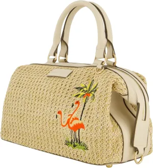 Tommy Bahama Satchel Bag, Women's Crossbody Purse with Adjustable Shoulder Strap, Embroidered Flamingo and Palm Tree Design, Cream, One Size