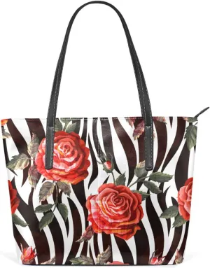 Top Handle Bag for Women Rose Zebra Print Cute Vegan Leather Lady Purse Shoulder Bag Travel Satchel Gym Beach Tote with Zipper Weekender Handbag