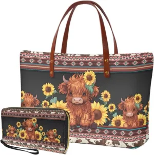 Top Handle Purse for Women, Large Tote Handbag With PU Wallet Set