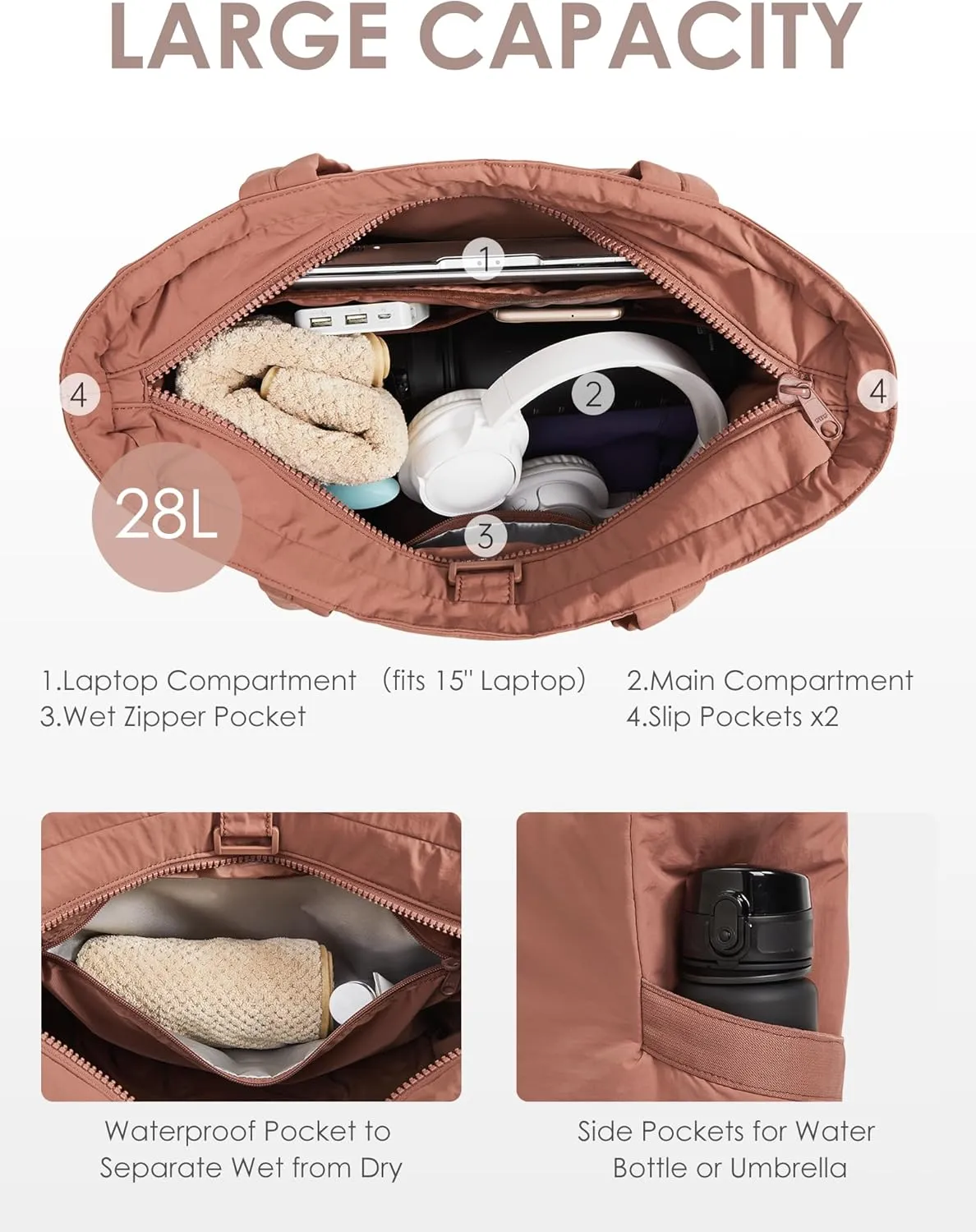 Tote Bag for Women,Puffer Travel Tote Bags with Zipper, Quilted Handbag with Compartments for Travel Work Sport,Dusty Rose