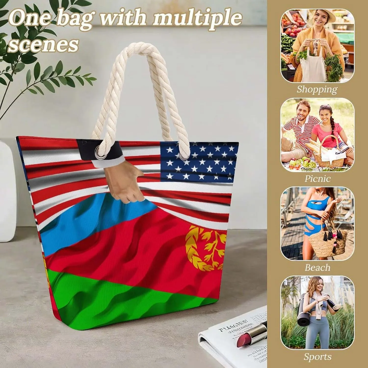 Tote Bag Large Handles Beach Bag with Zipper for Shopping Groceries Travel Outdoors Swim Pool Bag