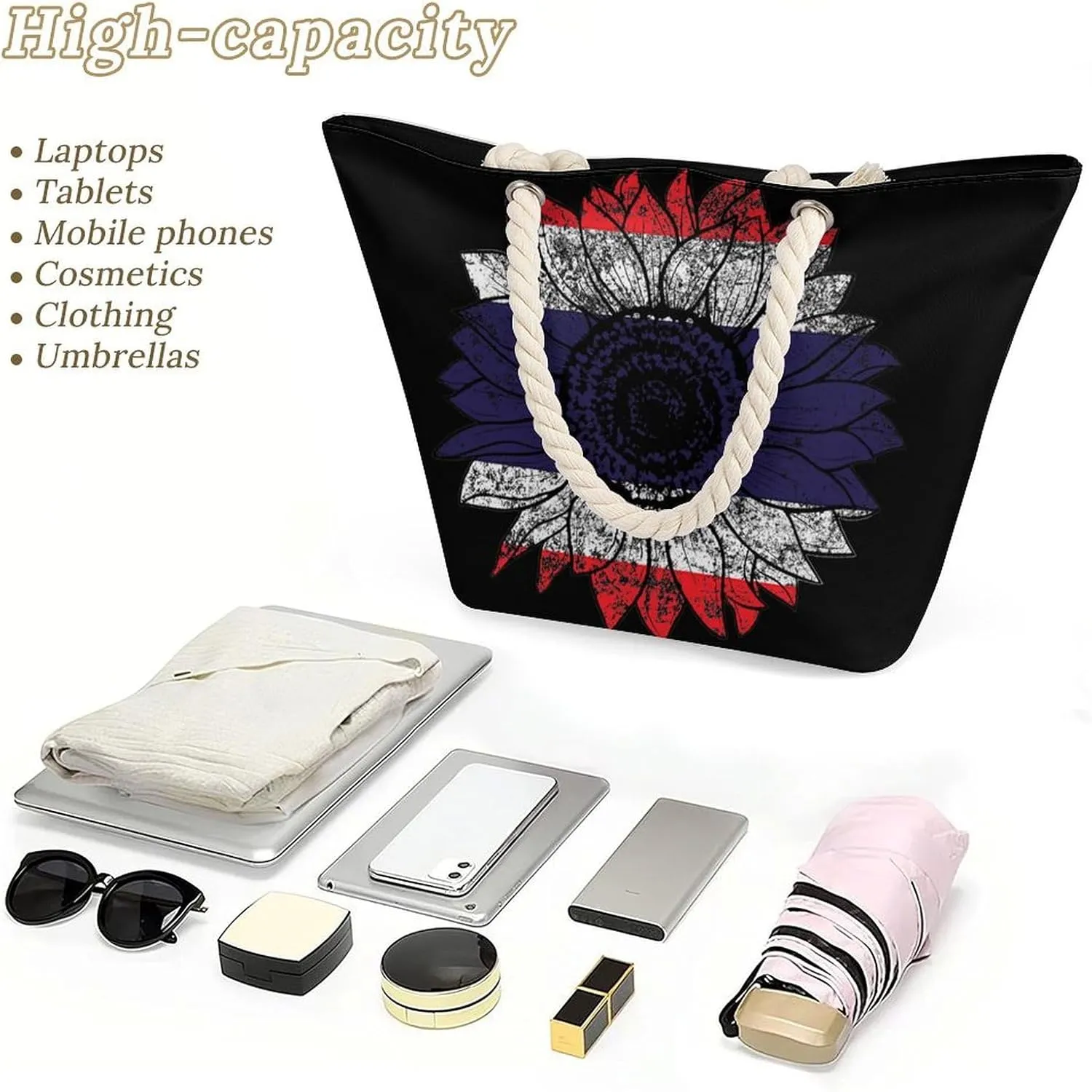 Tote Bag Large Handles Beach Bag with Zipper for Shopping Groceries Travel Outdoors Swim Pool Bag