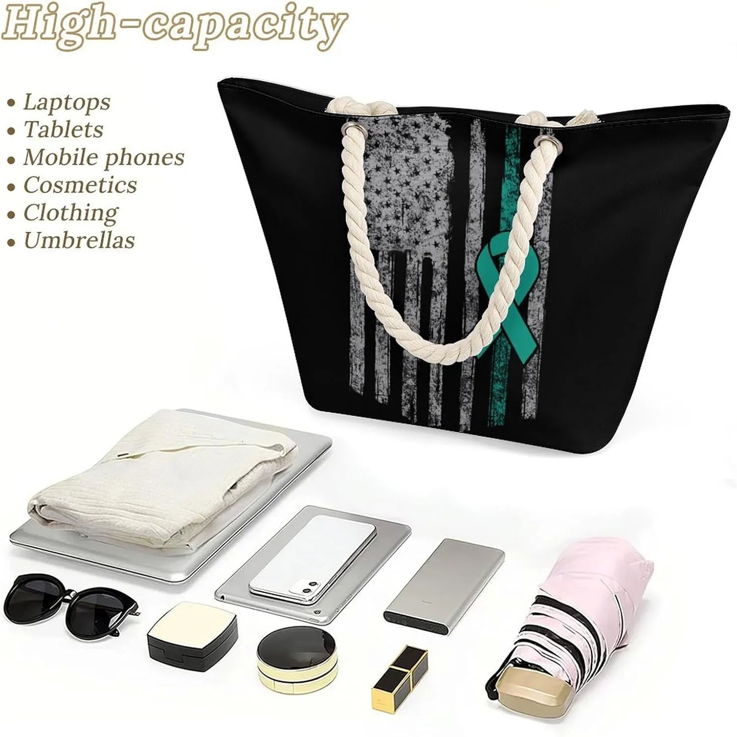 Tote Bag Large Handles Beach Bag with Zipper for Shopping Groceries Travel Outdoors Swim Pool Bag