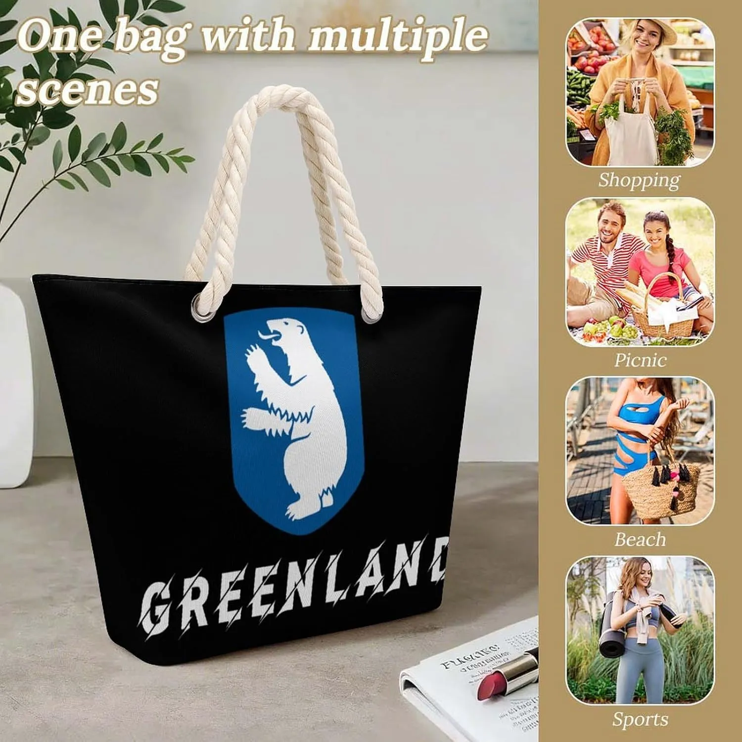 Tote Bag Large Handles Beach Bag with Zipper for Shopping Groceries Travel Outdoors Swim Pool Bag