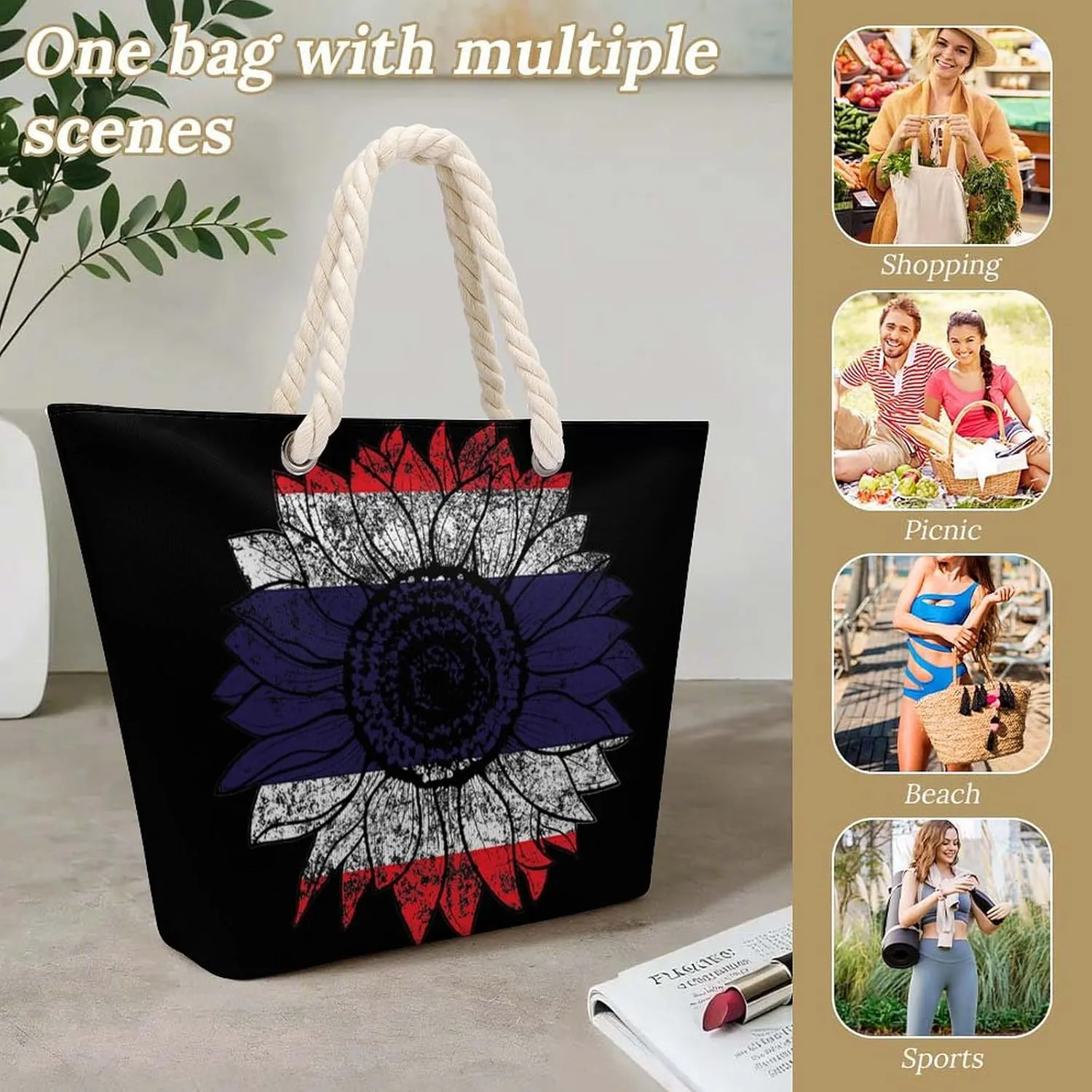 Tote Bag Large Handles Beach Bag with Zipper for Shopping Groceries Travel Outdoors Swim Pool Bag
