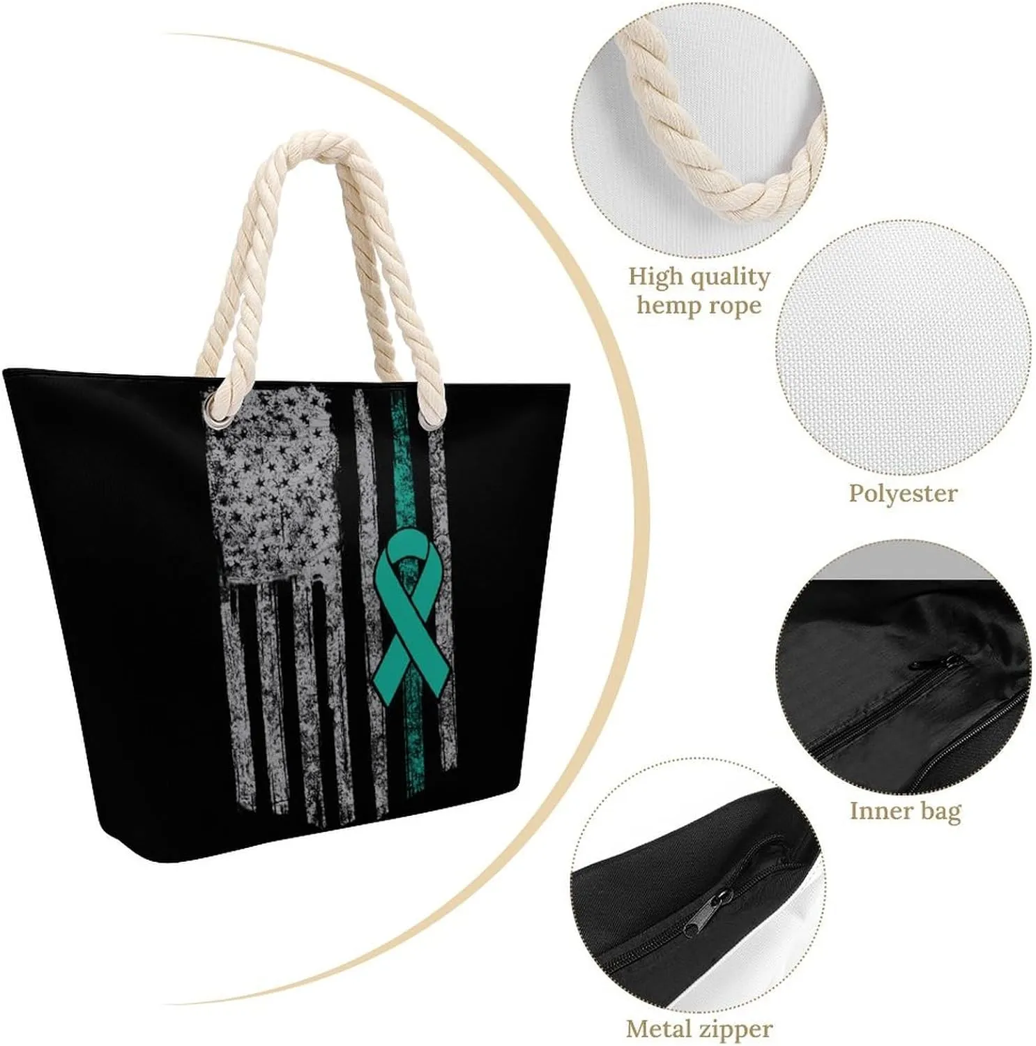 Tote Bag Large Handles Beach Bag with Zipper for Shopping Groceries Travel Outdoors Swim Pool Bag