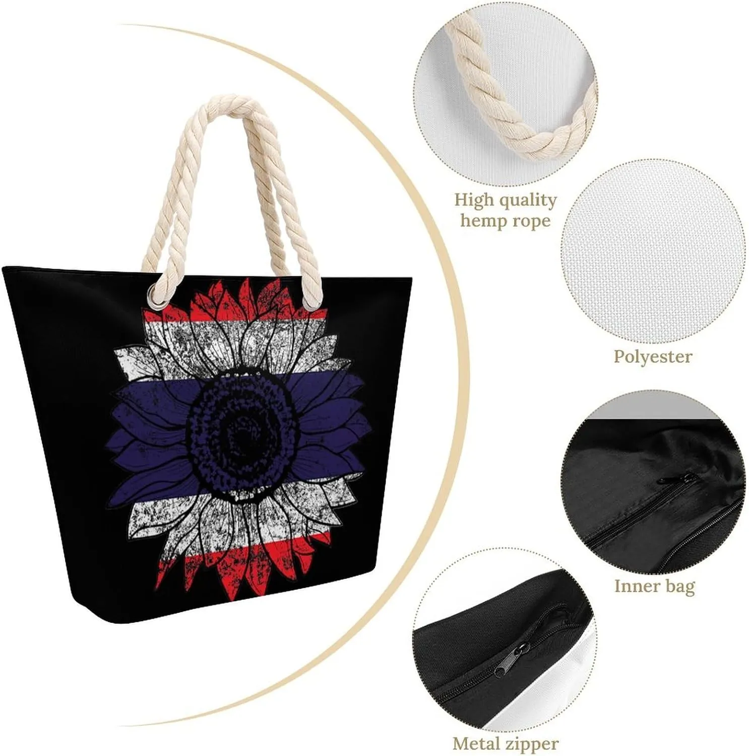 Tote Bag Large Handles Beach Bag with Zipper for Shopping Groceries Travel Outdoors Swim Pool Bag