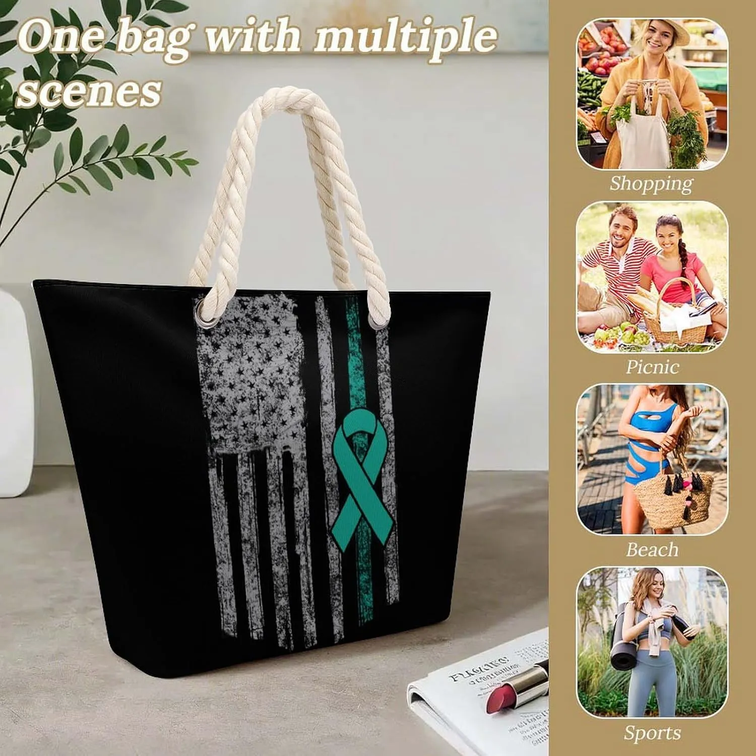 Tote Bag Large Handles Beach Bag with Zipper for Shopping Groceries Travel Outdoors Swim Pool Bag