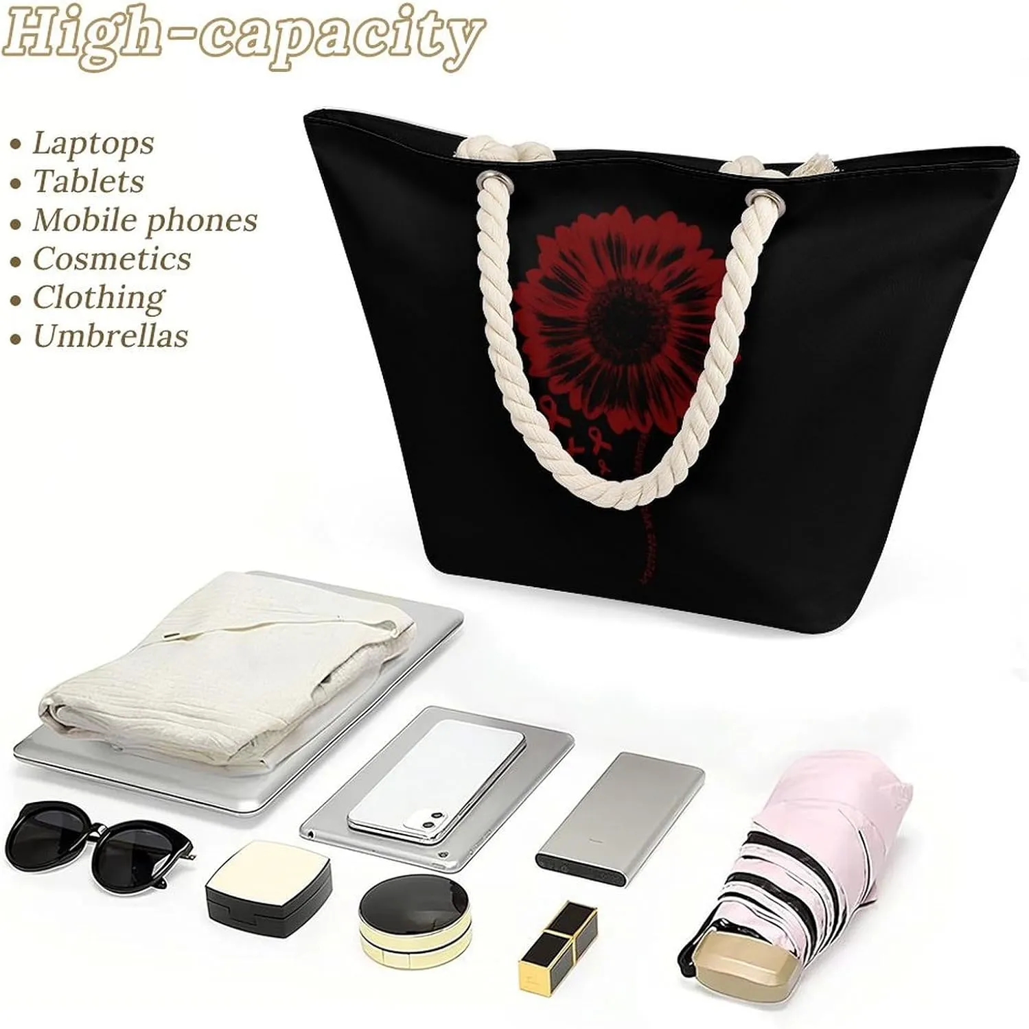Tote Bag Large Handles Beach Bag with Zipper for Shopping Groceries Travel Outdoors Swim Pool Bag