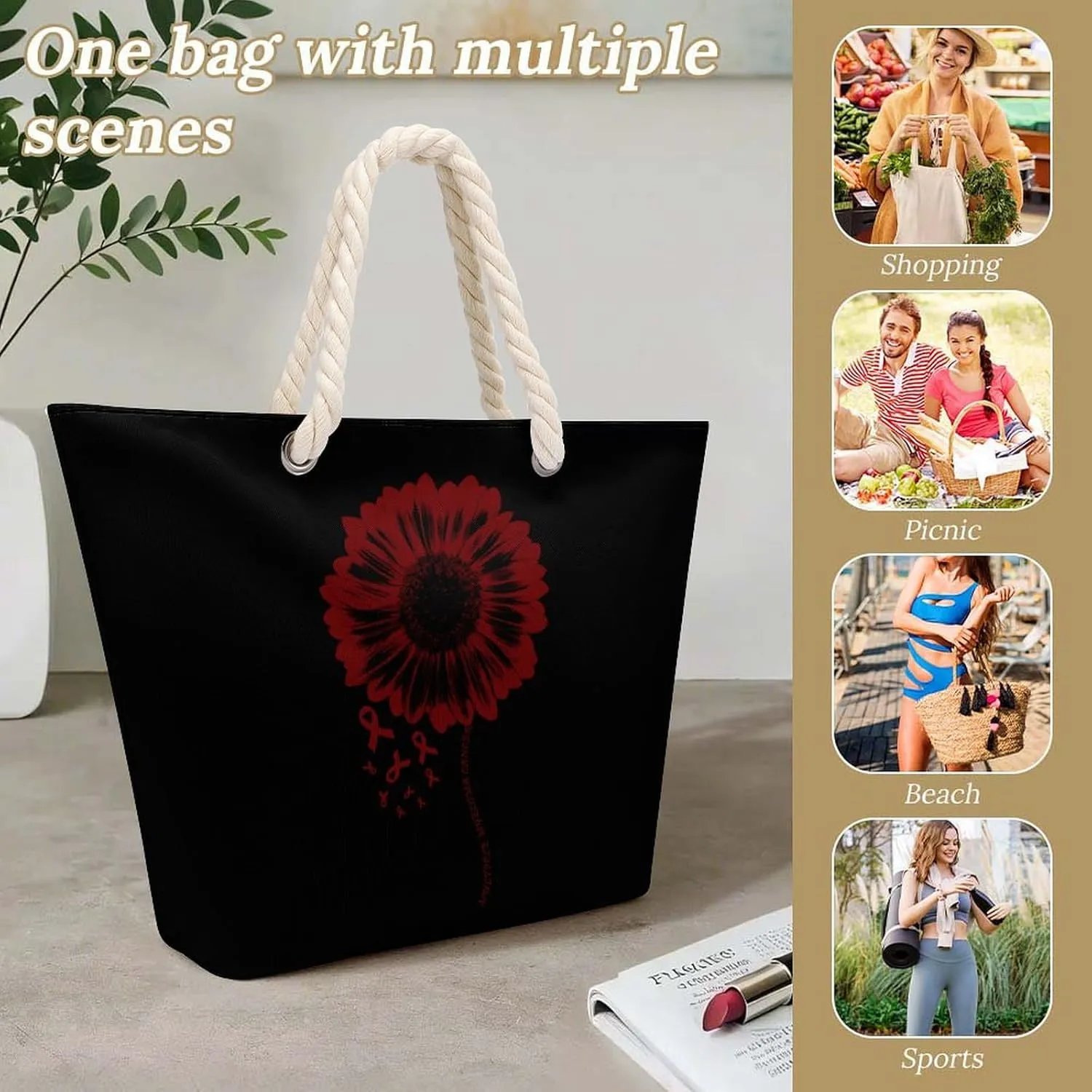Tote Bag Large Handles Beach Bag with Zipper for Shopping Groceries Travel Outdoors Swim Pool Bag