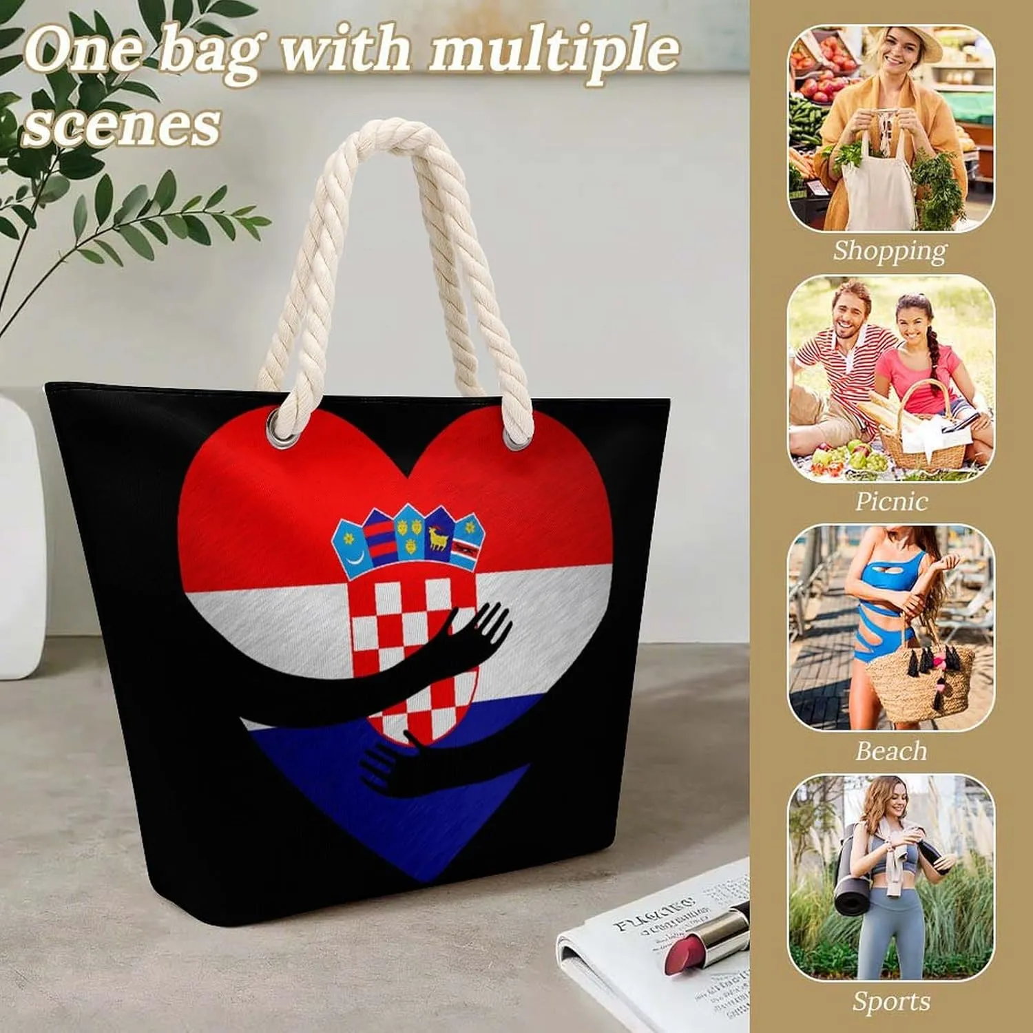 Tote Bag Large Handles Beach Bag with Zipper for Shopping Groceries Travel Outdoors Swim Pool Bag