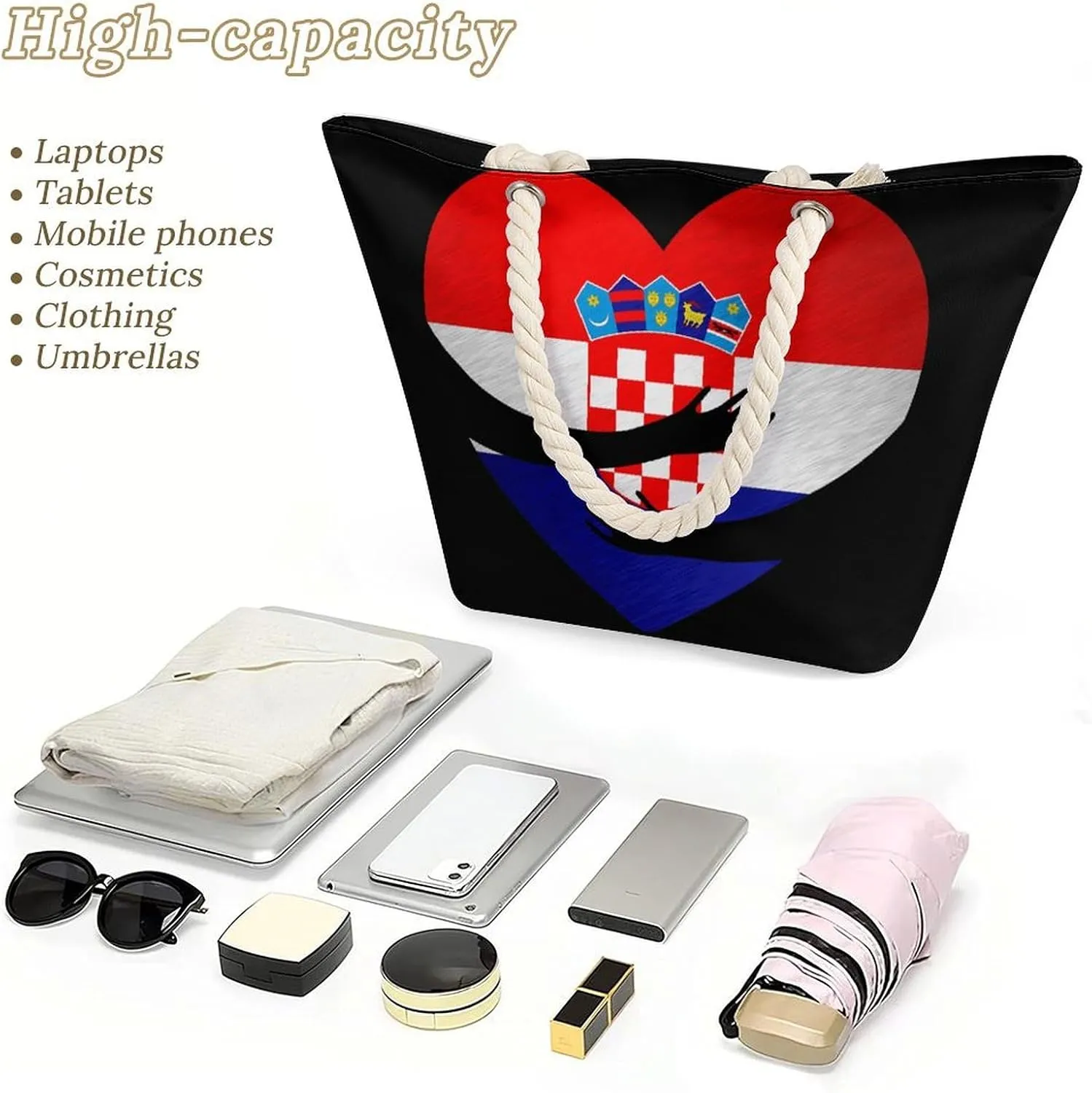 Tote Bag Large Handles Beach Bag with Zipper for Shopping Groceries Travel Outdoors Swim Pool Bag