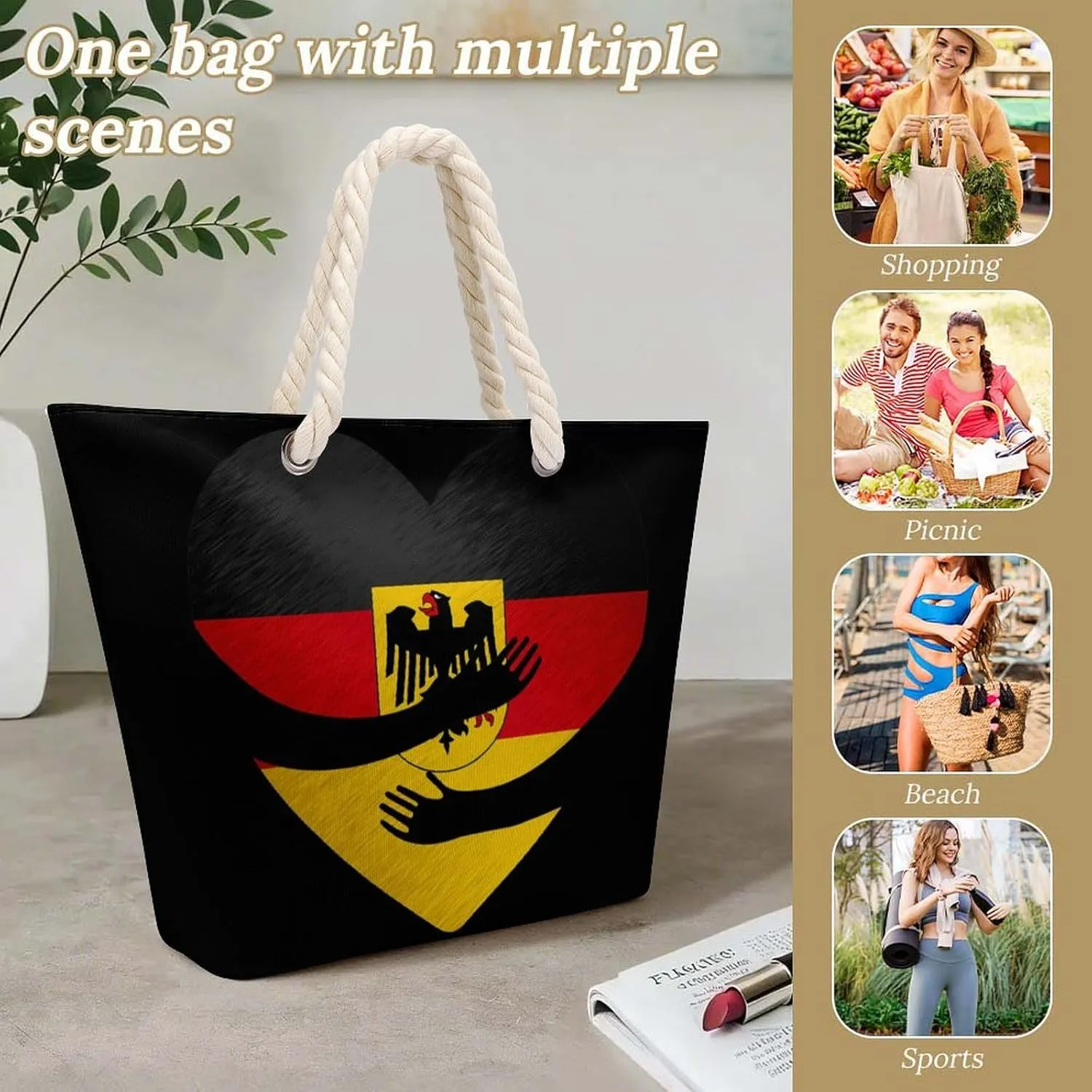 Tote Bag Large Handles Beach Bag with Zipper for Shopping Groceries Travel Outdoors Swim Pool Bag