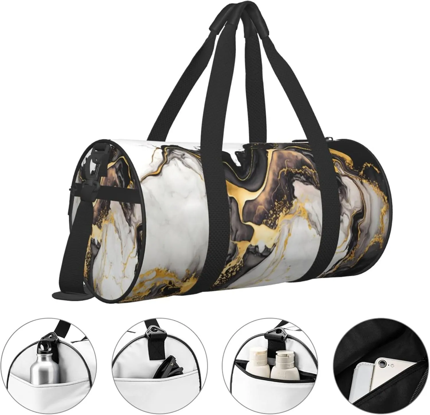 Travel Duffel Bag Black Gold White Marble Pattern Workout Bag For Woman Dance Bag Weekender Bag Man Tote Gym Bag Hospital Bag For Labor And Delivery Overnight Bag Luggage Bag