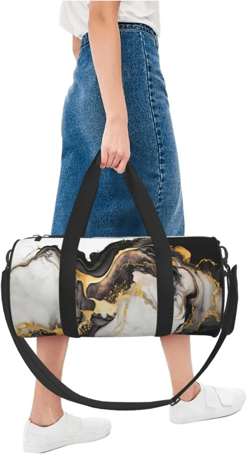Travel Duffel Bag Black Gold White Marble Pattern Workout Bag For Woman Dance Bag Weekender Bag Man Tote Gym Bag Hospital Bag For Labor And Delivery Overnight Bag Luggage Bag
