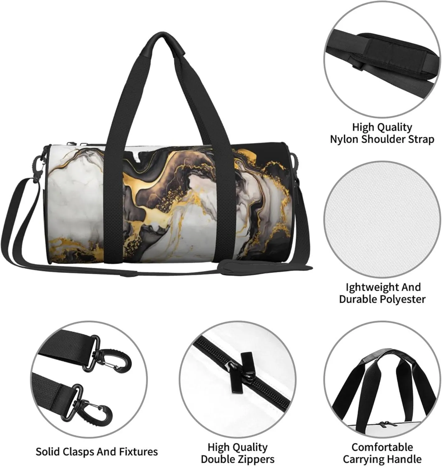 Travel Duffel Bag Black Gold White Marble Pattern Workout Bag For Woman Dance Bag Weekender Bag Man Tote Gym Bag Hospital Bag For Labor And Delivery Overnight Bag Luggage Bag