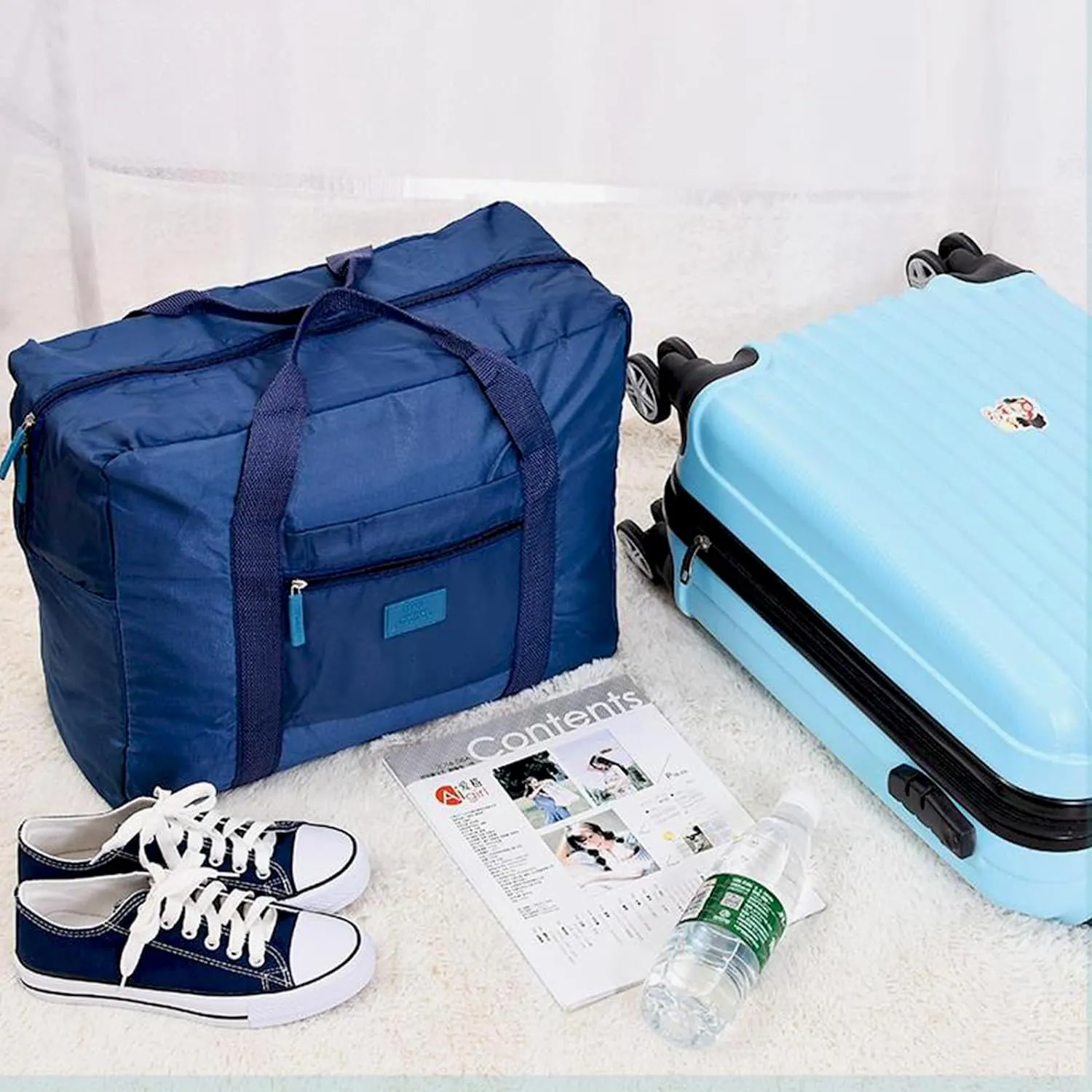 Travel Duffel Bag Carry on Luggage Bag Foldable Travel Tote Bag Waterproof Sports Gym Lightweight Large Weekender Overnight Bag for Women and Men (Black Blue)
