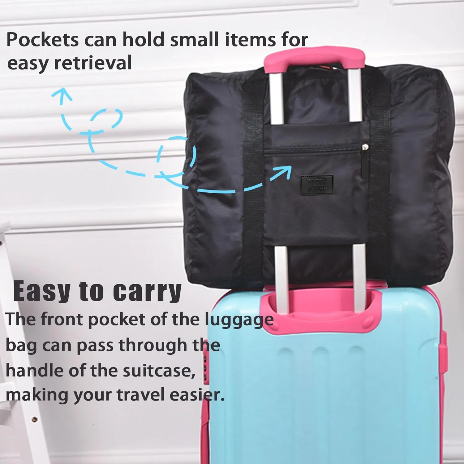 Travel Duffel Bag Carry on Luggage Bag Foldable Travel Tote Bag Waterproof Sports Gym Lightweight Large Weekender Overnight Bag for Women and Men (Black Blue)