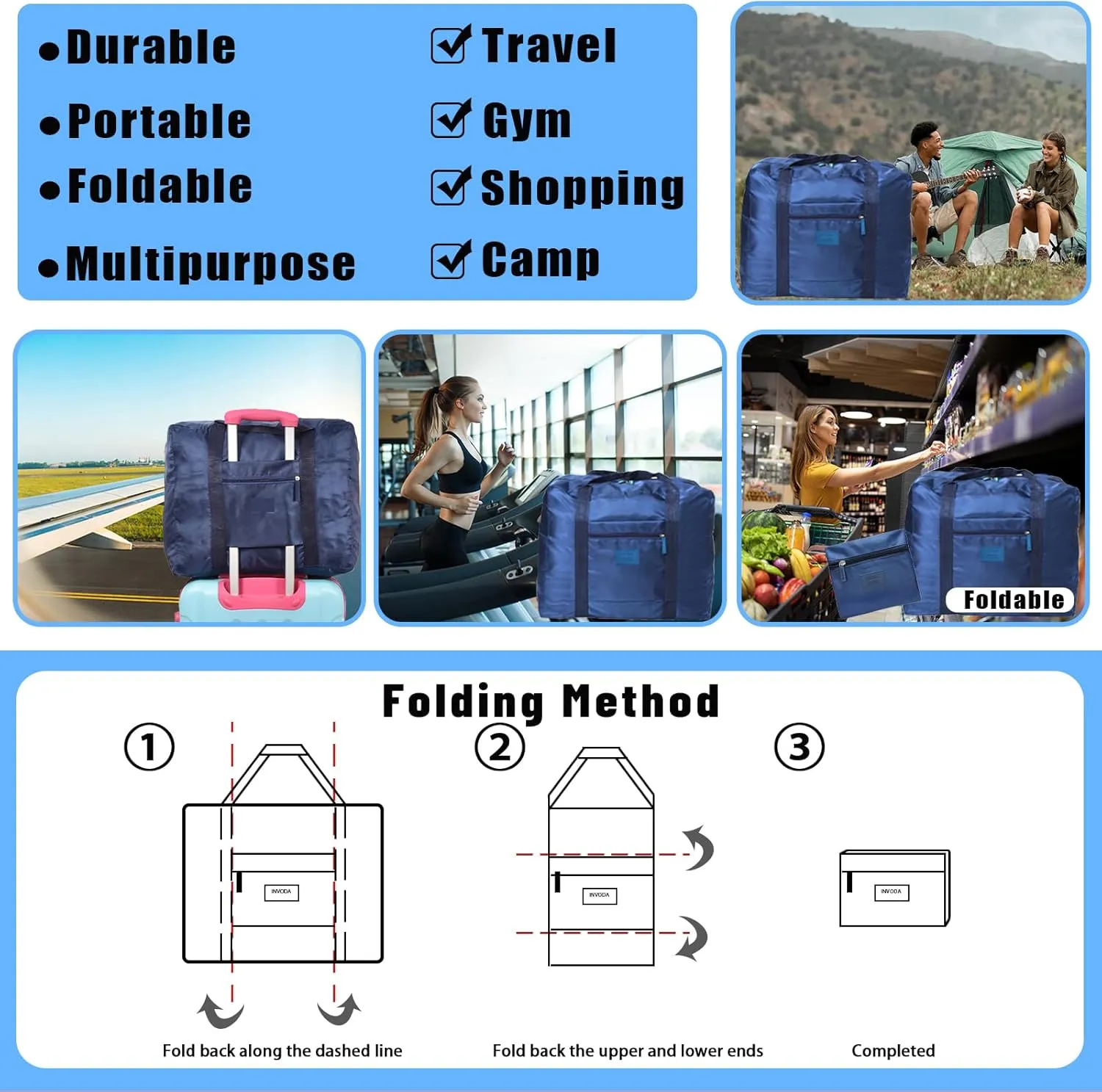 Travel Duffel Bag Carry on Luggage Bag Foldable Travel Tote Bag Waterproof Sports Gym Lightweight Large Weekender Overnight Bag for Women and Men (Black Blue)