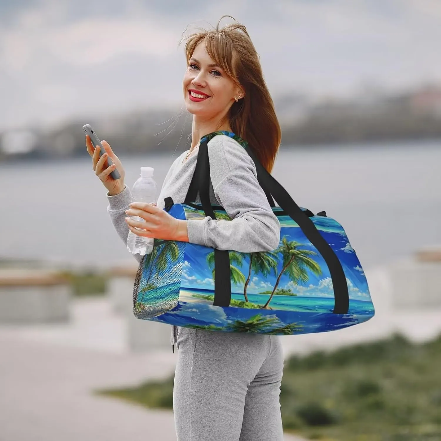 Travel Duffel Bag Palm Tree On Beach Weekender Overnight Bag for Women Men Green Leaf Blue Sky Pattern Carry on Personal Item Bag Gym Bag Tropical Botanical Ocean Coastal Yoga Gym Bag