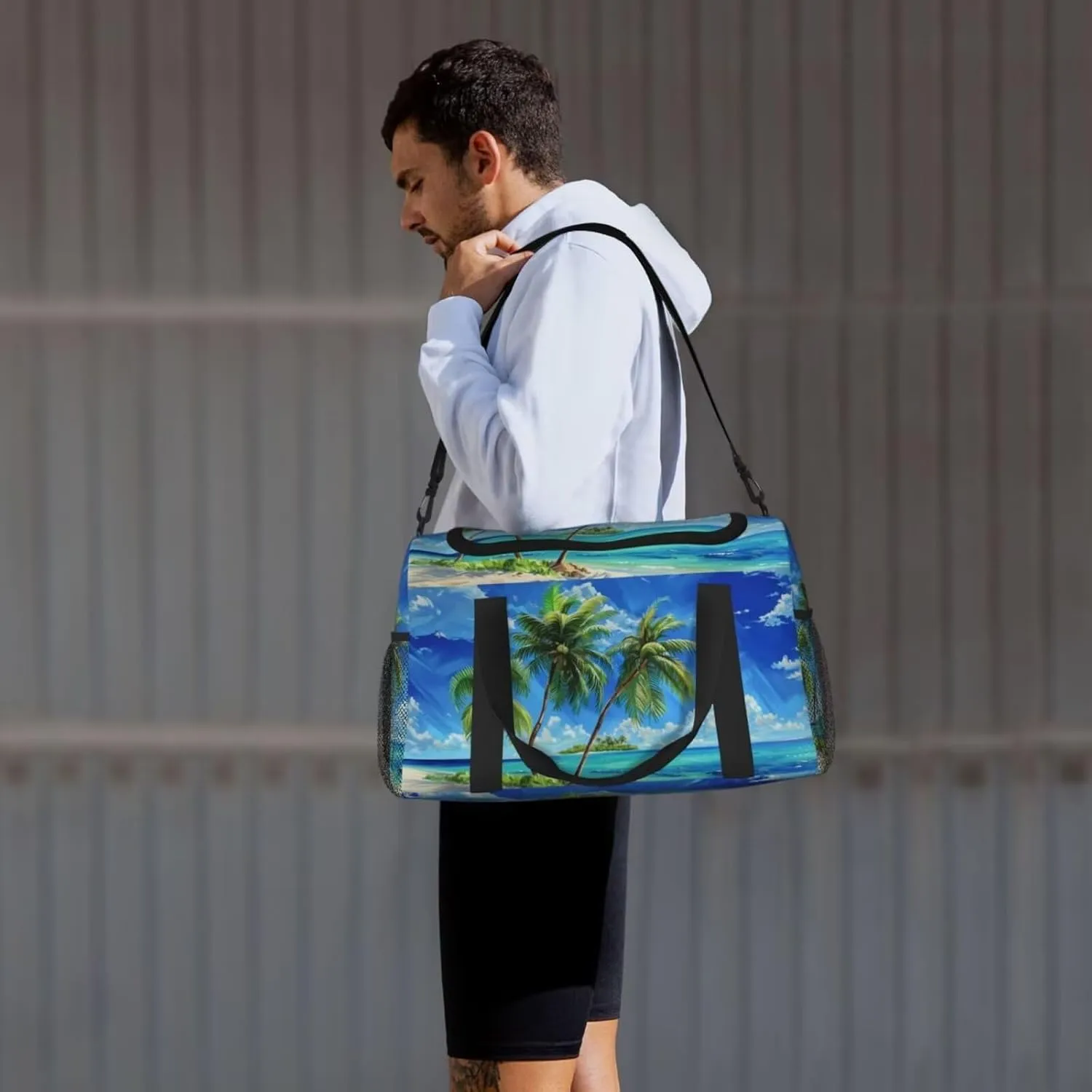 Travel Duffel Bag Palm Tree On Beach Weekender Overnight Bag for Women Men Green Leaf Blue Sky Pattern Carry on Personal Item Bag Gym Bag Tropical Botanical Ocean Coastal Yoga Gym Bag