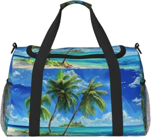 Travel Duffel Bag Palm Tree On Beach Weekender Overnight Bag for Women Men Green Leaf Blue Sky Pattern Carry on Personal Item Bag Gym Bag Tropical Botanical Ocean Coastal Yoga Gym Bag