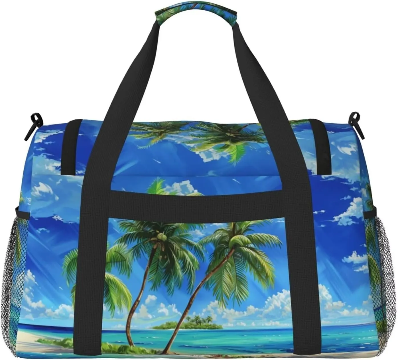 Travel Duffel Bag Palm Tree On Beach Weekender Overnight Bag for Women Men Green Leaf Blue Sky Pattern Carry on Personal Item Bag Gym Bag Tropical Botanical Ocean Coastal Yoga Gym Bag